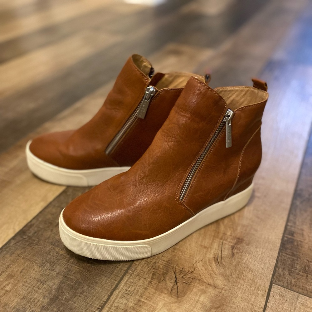 J Slides side zipper wedge booties brown leather